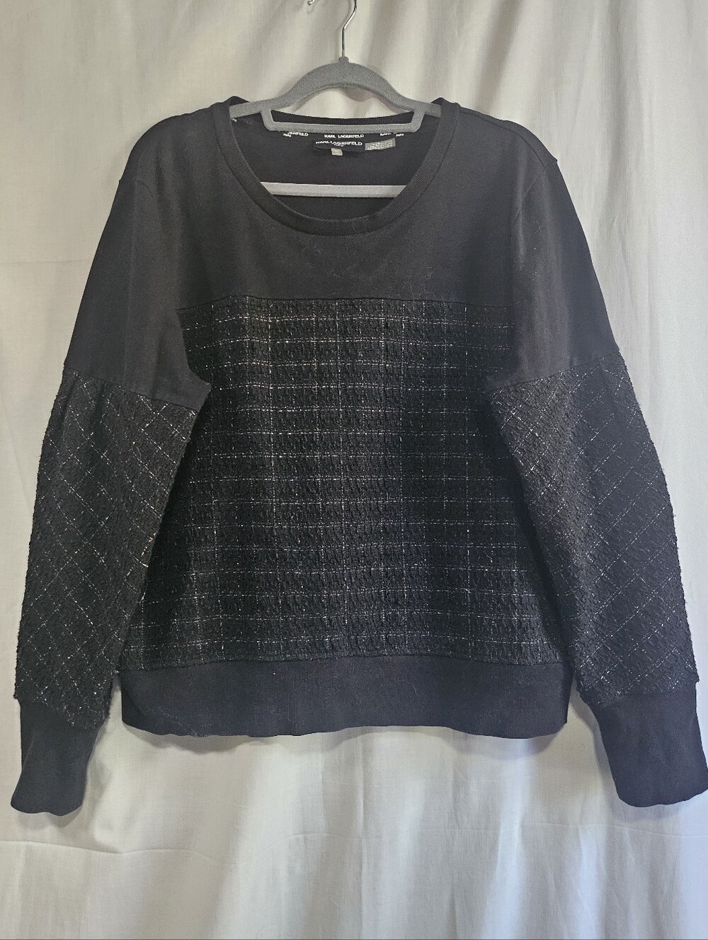 Karl Lagerfeld Paris Boucle-Panel Sweatshirt — Black, XL